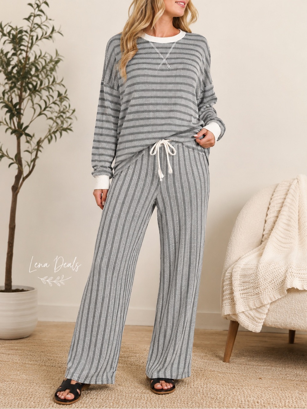 Zenana Raised Rib Striped Pullover & Wide Leg Pants Set Women’s Grey
